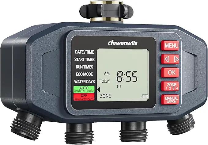 DEWENWlLS Sprinkler Timer, 4 Zone, Outdoor Faucet lrigation, Rain Delay & Manual, Programmable Water Hose Timer for Holiday, Garden, Lawn, Vegetable Gardening, Potted Flowers by GreenHaven Gardens