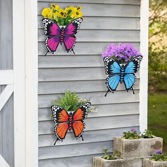 BAYN Set of 3 Butterfly Wall Hanging Planter Decor Art, Metal Wall Mounted Planters Garden Yard Decorative Flower Pot Indoor Outdoor Wall Planter Succulent Plant Container by GreenHaven Gardens