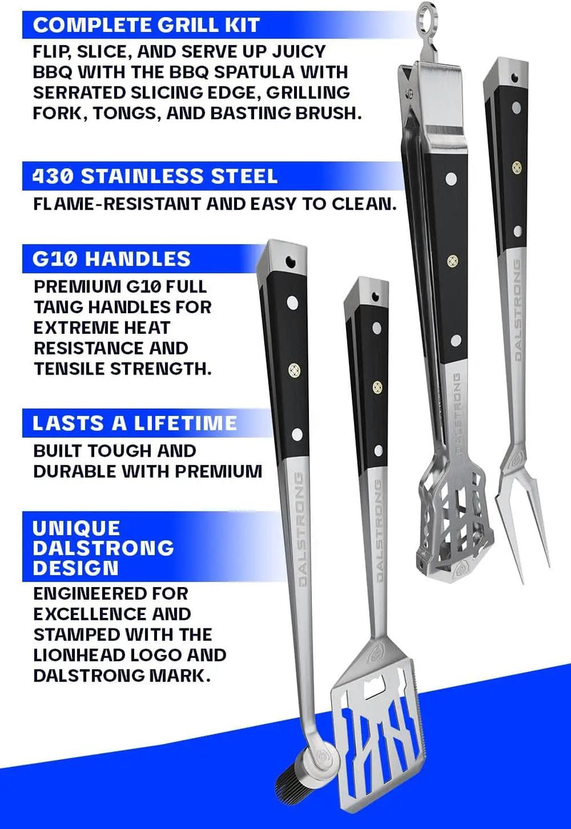 DALSTRONG 4-Piece Professional BBQ Pitmaster Grill Set - Premium High-Carbon Stainless Steel Grilling - 18 inch Length - Silicone Brush, Spatula, Tongs, Fork - G10 Handles by GreenHaven Gardens