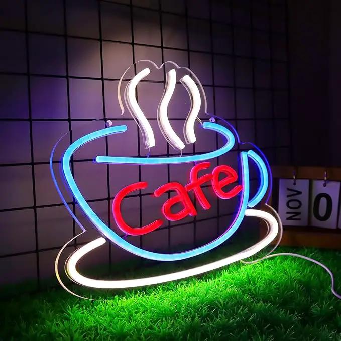 Cafe Neon Sign for Coffee Bar Pub Decor,Blue Wall Art Decoration For Restaurant Living room,Led Light of Cafe,USB Power Supply With Metal Chain. by GreenHaven Gardens