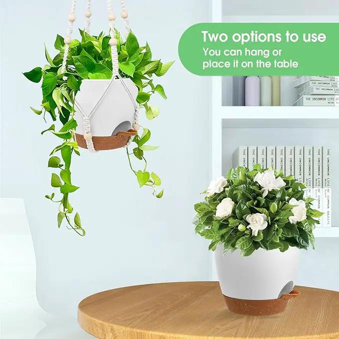 Hanging Planters for Indoor Outdoor Plants, 2 Pack Self Watering Hanging Pot with Drainage Holes, Removable Tray & 2 Kinds of Plant Hangers, 8'' Hanging Flower Pots for Home Garden Decor, White by GreenHaven Gardens