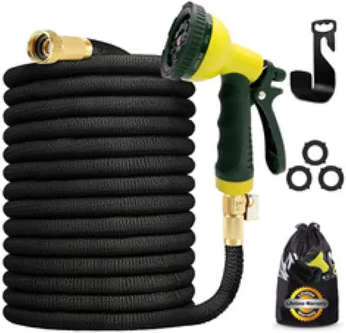 J&B XpandaHose 75ft Expandable Garden Hose with Holder - Heavy Duty Superior Strength 3750D - 4 -Layer Latex Core - Extra Strong Brass Connectors and 10 Spray Nozzle w/Storage Bag (Black 75) by GreenHaven Gardens