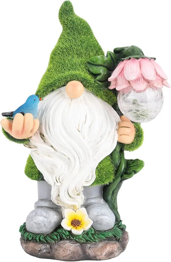 Garden Gnome Statue - Funny Gnome Decoration Hold Flower with Solar Crackle Glass Globe Lights, Resin Gnome Figurine Ornament for Patio Yard Lawn Porch Outdoor Decor by GreenHaven Gardens