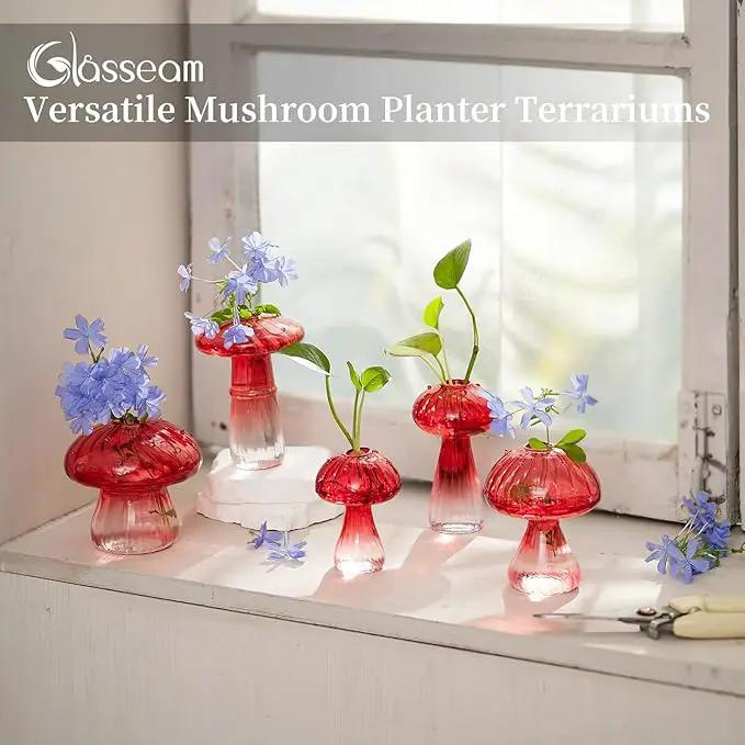 Glasseam Mushroom Plant Propagation Stations: Red Glass Terrarium Jar Set of 5 Cute Planters for Indoor Plants Decorative Propagate Station Unique Christmas Birthday Gifts for Women Home Office Decor by GreenHaven Gardens