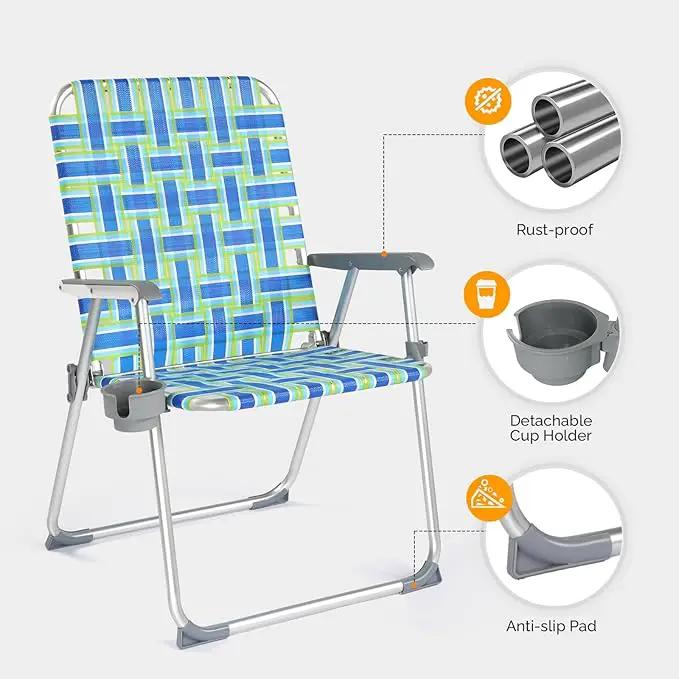 VINGLI Folding Aluminum Webbed Oversized Lawn Chairs with Detachable Cup Holder, 300LBS High Beach Chair for Adults Heavy Duty, Portable Patio Chair for Yard, Garden, 2 Pack,Blue/Green by GreenHaven Gardens