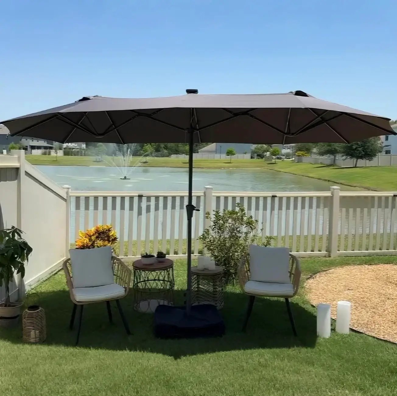 PURPLE LEAF 14ft Patio Umbrella with Solar Lights Outdoor Double-Side Market Umbrella with Base Included Rectangle Table Umbrella for Pool Garden Backyard, Grey by GreenHaven Gardens