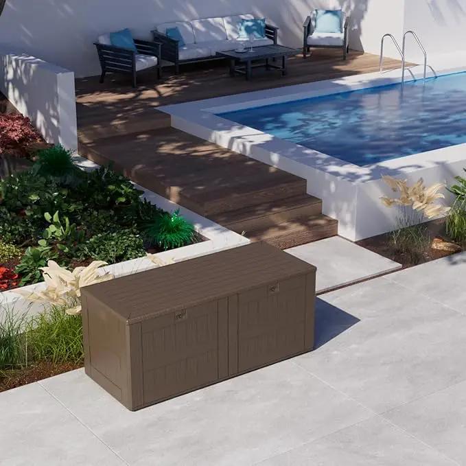 180 Pro Gallon Waterproof Outdoor Storage Bin Resin Deck Box for Patio, Poolside, and Garden, Lockable & UV-Resistant, Brown by GreenHaven Gardens