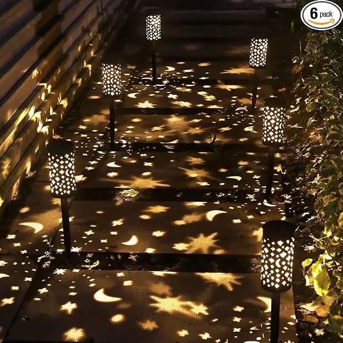 Solar Garden Lights - 6 Pack Black Star Moon, Waterproof Outdoor Path Lights by GreenHaven Gardens