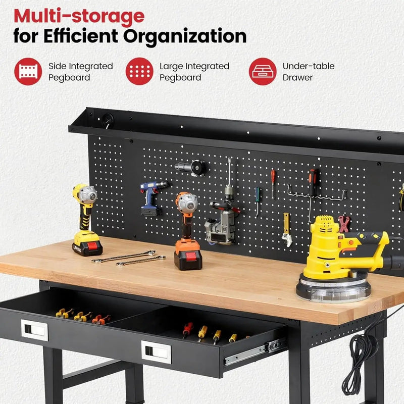 Work Bench with Wheels 60 x 22 Inch Heavy Duty Rubberwood Tabletop Work Table Adjustable Height Garage Workbench with LED, Drawers, Pegboard, Power Outlets for Woodworking Shop, Home, Office by GreenHaven Gardens