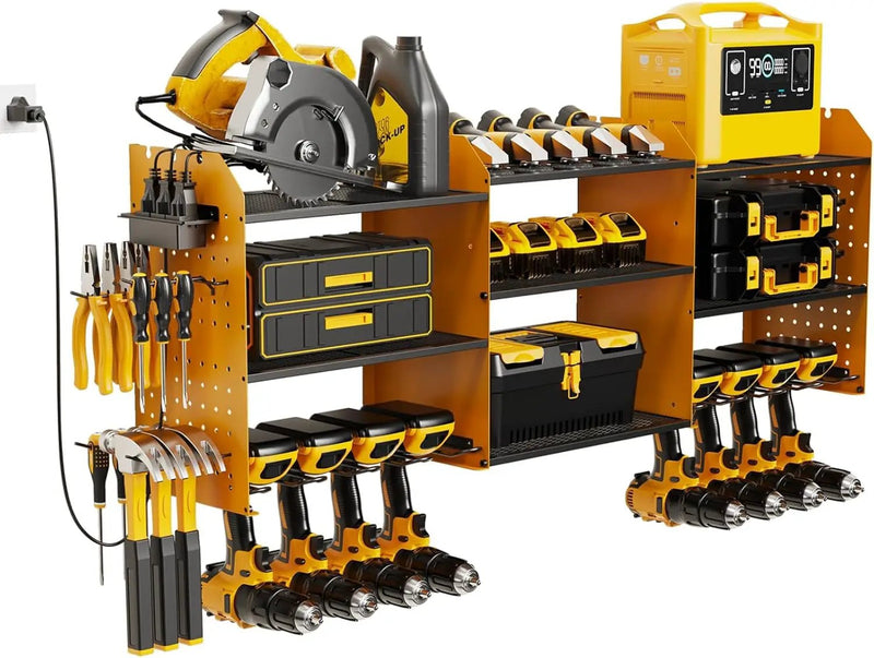 Power Tool Organizer with Charging Station Wall Mount, 3 Layer Expanded Heavy Duty Garage Organization, 45.5 Inch Length Garage Tool Storage, 8 Drills, 2 Assemble Method, Yellow by GreenHaven Gardens