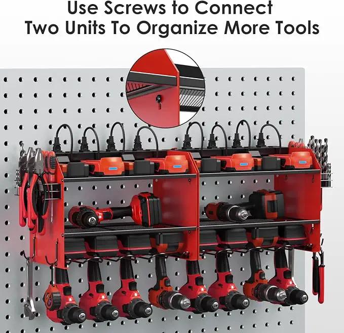 CCCEI Modular Power Tool Organizer Wall Mount with Charging Station. Garage 4 Drill Storage Shelf with Hooks, Screwdriver, Drill Bit Heavy Duty Rack, Tool Battery Holder Built in 8 Outlet Power Strip. by GreenHaven Gardens