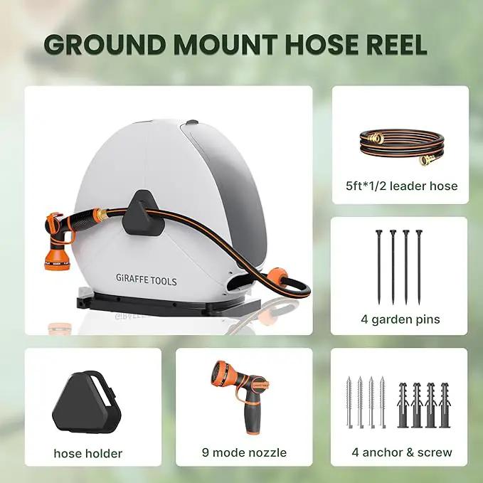 Giraffe Tools Ground Mounted Retractable Hose Reel 1/2 Inch x 130FT, Heavy Duty Automatic Rewind Garden Hose Reel, with Flexible Swivel Base for Lawn, Concrete Floor by GreenHaven Gardens