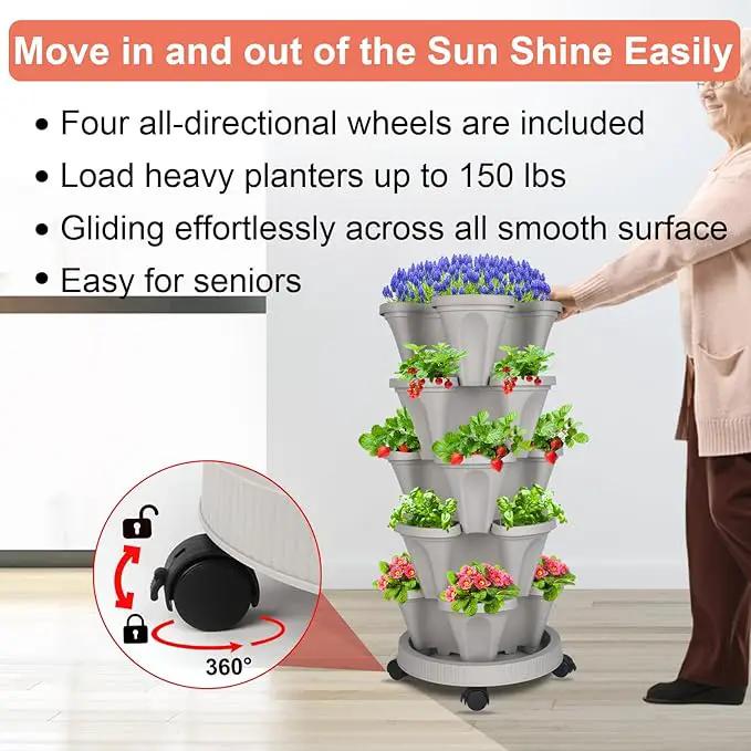 DUNCHATY Stackable Planter, Vertical Garden Planter with Wheels and Garden Tools, Strawberry Planter Indoor/Outdoor 5 Tier Herb Planter Pots for Growing Vegetables and Succulents,Gray by GreenHaven Gardens