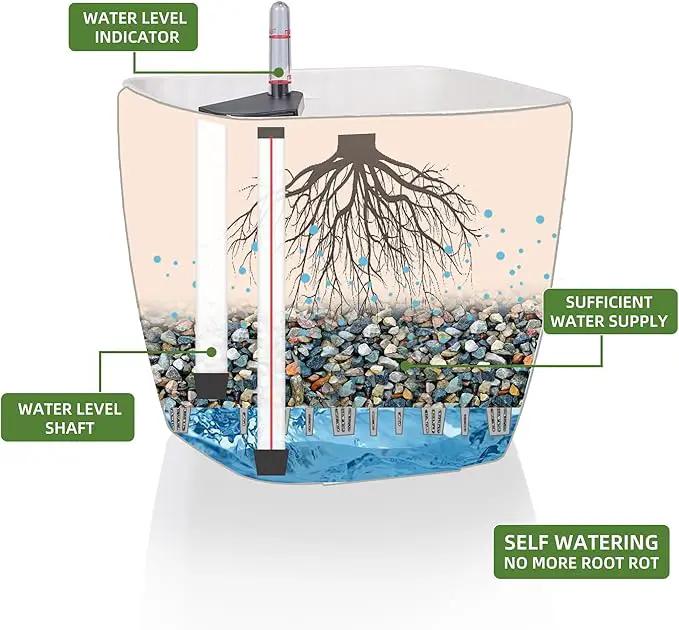 Dexceder 11x10 Self Watering Planter Indoor Outdoor, Inner Mat Design, Thickened Table Flower Plant Pot with Water Level Indicator (Ivory White Rattan) by GreenHaven Gardens