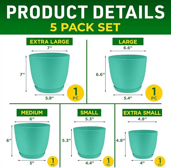 Planter Pots with Drainage Holes - Lightweight, Durable, and Space-Saving Pots for Indoor and Outdoor - Versatile Functionality, Simple Modern Design, Set of 5 Plastic Planter Pots - Aqua by GreenHaven Gardens