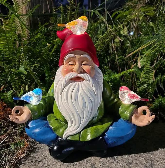 Solar Powered Gnome with Red Hat and 3 Birds Decorated Solar Light, Garden Decorations Statues, Garden Light Decor for Lawn Ornaments, Resin Garden Figurines (Gnome with 3 Birds) by GreenHaven Gardens