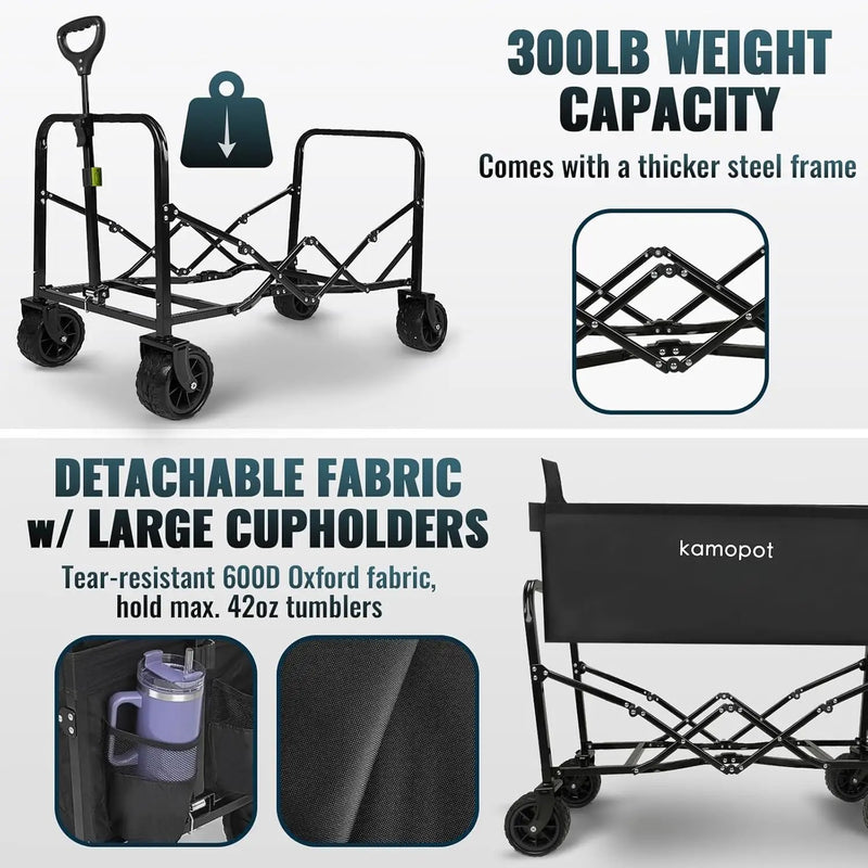 Large Collapsible Wagon Foldable for Beach, Yard, Grocery, Park, 34" x 18" Inner Storage. 300lb Heavy Duty Folding Utility Wagon on Big Wheels for Sand, Durable w/Cupholders by GreenHaven Gardens