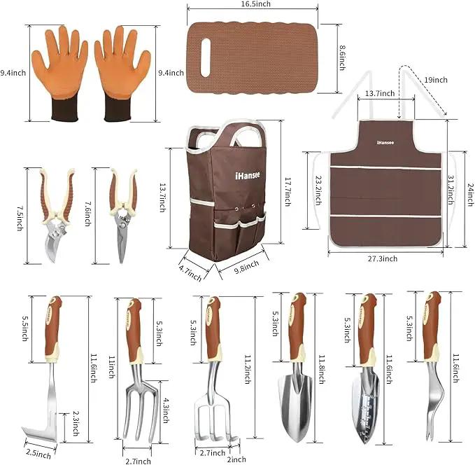 Brown Gardening Tools Set 12-Piece, Garden Hand Tool Kit with Non-Slip Ergonomic Handle, Storage Tote Bag, Garden Apron, Gloves and Kneeling Pad, Gardening Gifts for Women Men Plant Lover by GreenHaven Gardens