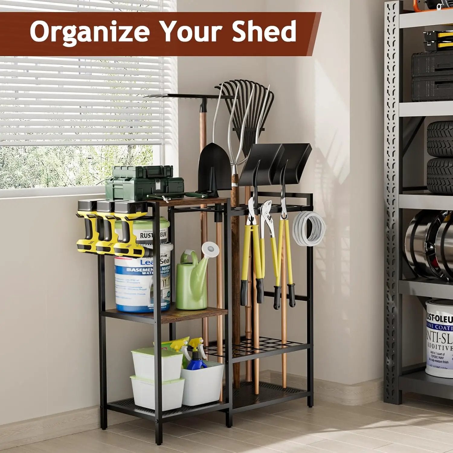 Garden Garage Tool Organizer - with 3-tier Shelves, Yard Tool Organizer for Garage with 4 Hooks, Heavy duty Steel Garden Tool Rack Holds up to 48 Long Handled Yard tools for Storage by GreenHaven Gardens
