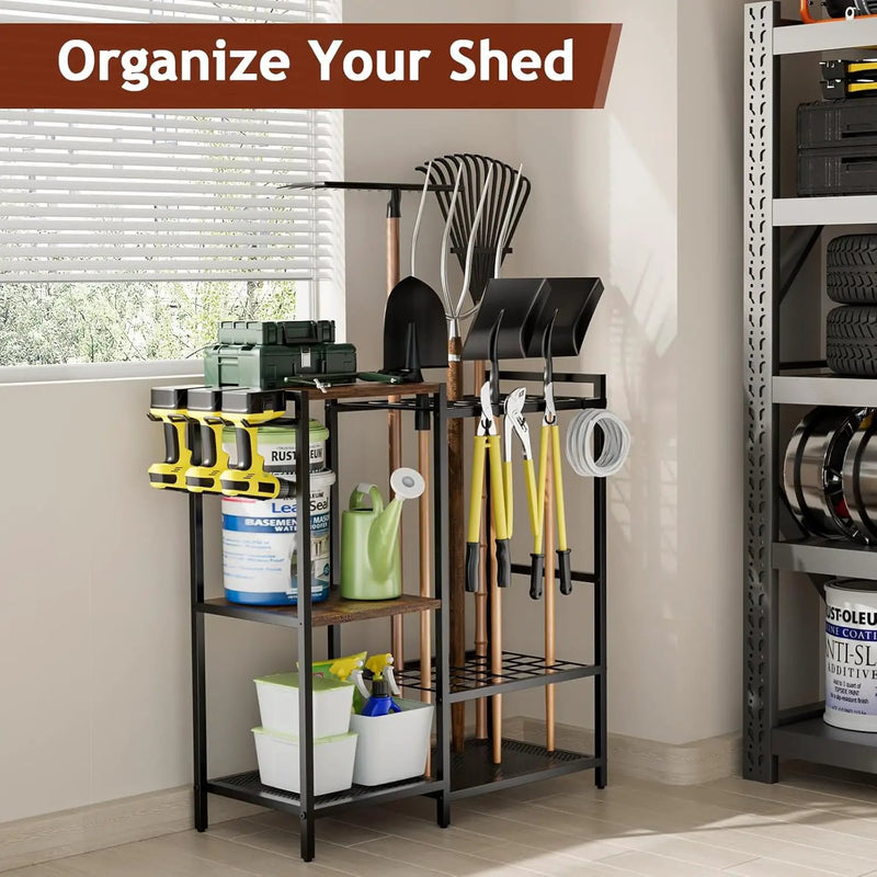 Garden Garage Tool Organizer - with 3-tier Shelves, Yard Tool Organizer for Garage with 4 Hooks, Heavy duty Steel Garden Tool Rack Holds up to 48 Long Handled Yard tools for Storage by GreenHaven Gardens