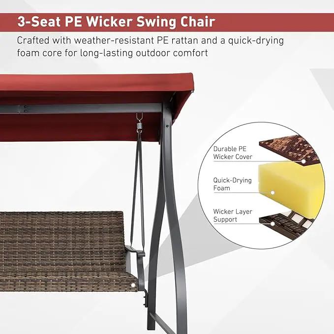 BPS 3 Seat Outdoor Porch Swing with Adjustable Canopy, PE Wicker Patio Swing Chair with Quick-Drying Foam Seat, 882 LBS Capacity, Proch Swings for Deck, Backyard, and Lawn, Red by GreenHaven Gardens