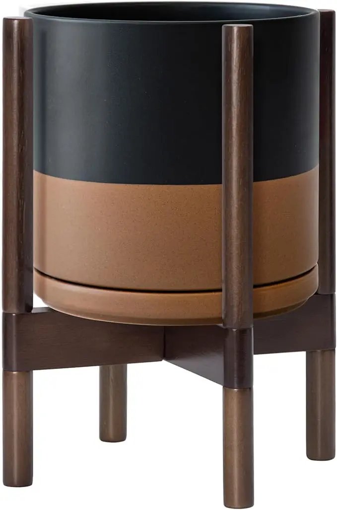 D'vine Dev Ceramic Planter with Walnut Color Stand - 10 Inch Modern Round Flower Pot with Wood Planter Holder, Black/Speckled Tan, 55-B-X-7 by GreenHaven Gardens