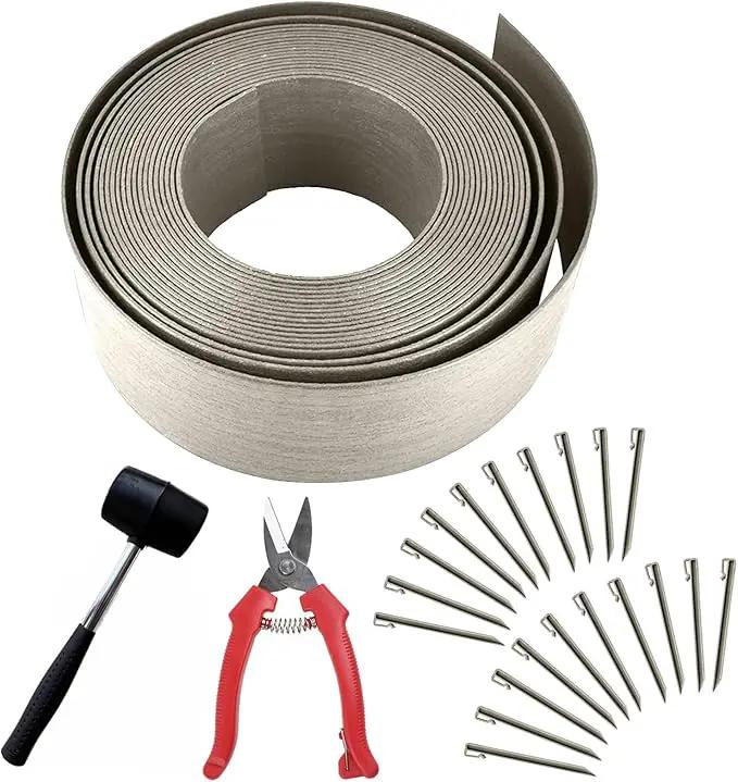 Landscape Edging Kit, Include 4 Inch High 40 Feet Length Terrace Board, 20 Durable Spikes, Edging Pruning Shear, Rubber Mallet Hammer, Gray by GreenHaven Gardens