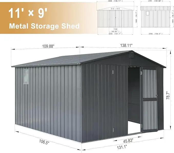 Domi Outdoor Storage Shed 11’ x 9’, Metal Sheds with Galvanized Steel Frame & Windows & Lockable Door, Garden Shed Tool Storage Room for Patio, Grey by GreenHaven Gardens
