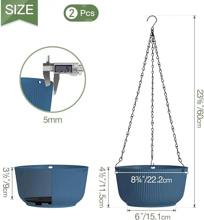T4U 8 Inch Hanging Planters for Indoor Outdoor Plants, Self Watering Hanging Pot Pack of 2, Hanging Pots with Drainage Hole & Plug & Chain with 3 Hooks for Garden Home Decor, Blue by GreenHaven Gardens
