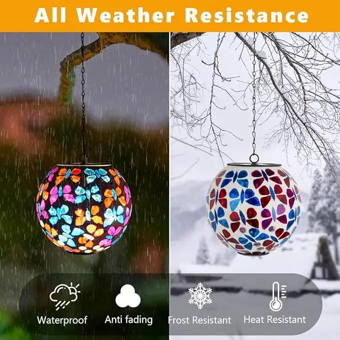Hanging Solar Lanterns Outdoor Waterproof, Decorative Mosaic Butterfly Solar Lantern, Gazing Ball Globe Hanging Lantern for Patio Garden Yard Home Decor by GreenHaven Gardens