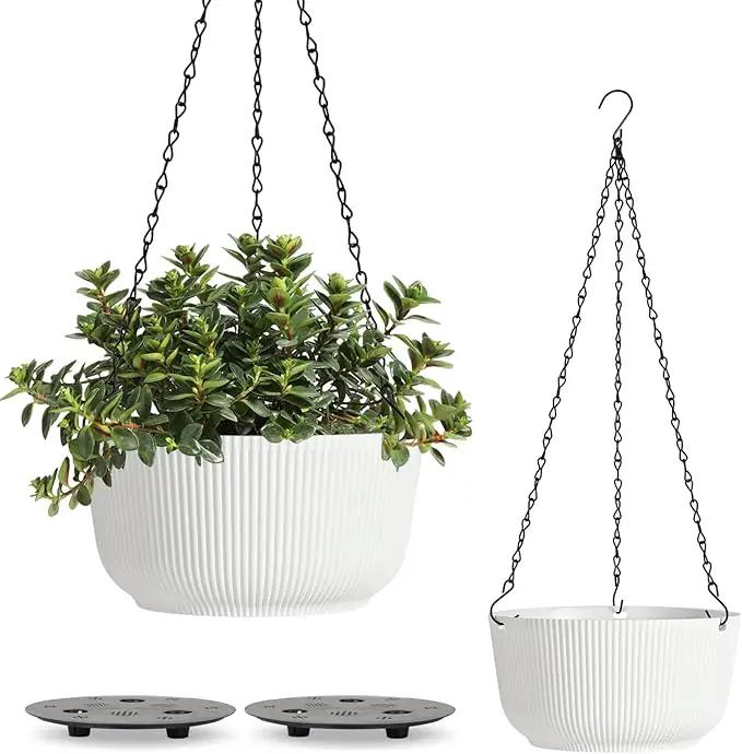 T4U Hanging Planter Self Watering 8 Inch, 2 Pack White Indoor Outdoor Hanging Plant pots, Hanging Flower Pot with Drainage Hole & Plug & Chain with 3 Hooks for Garden Home Decor by GreenHaven Gardens