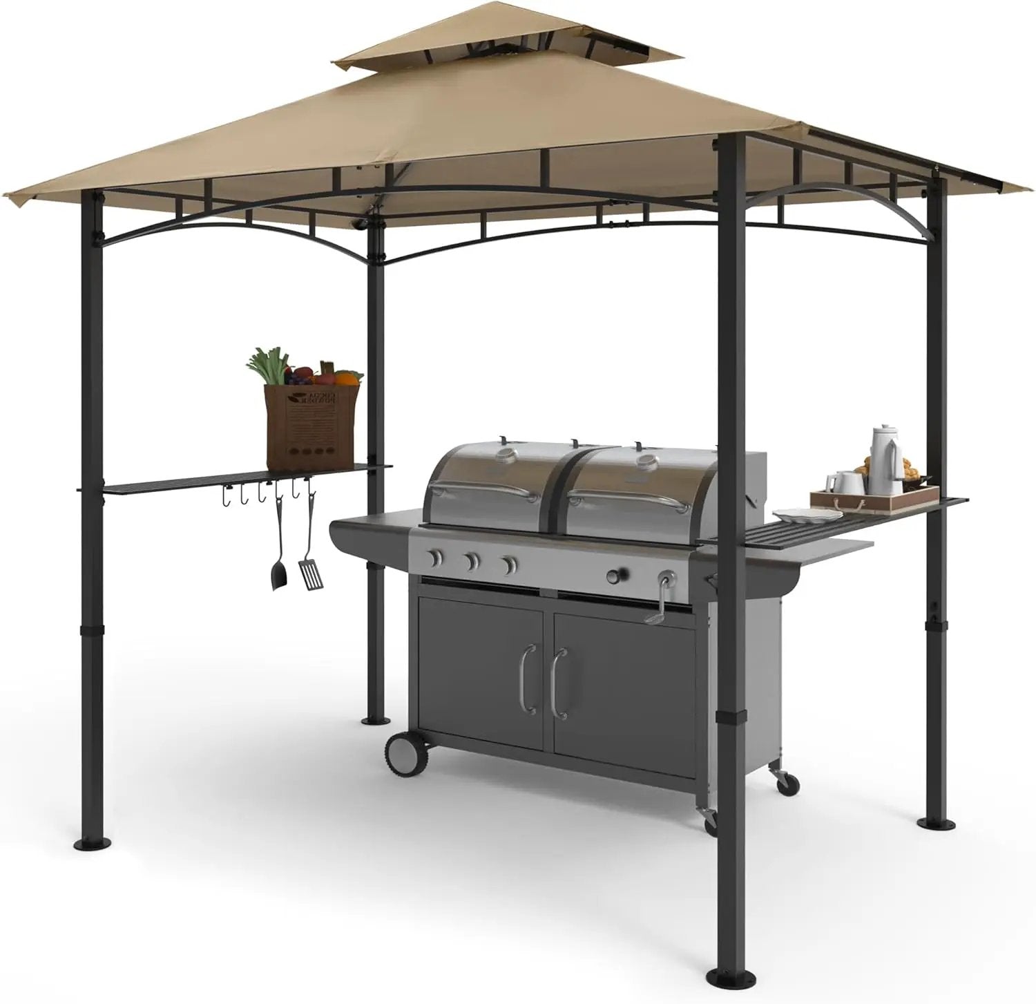 COOSHADE 8'x 5' Grill Gazebo Double Tiered Outdoor BBQ Gazebo Canopy with LED Light (Khaki) by GreenHaven Gardens