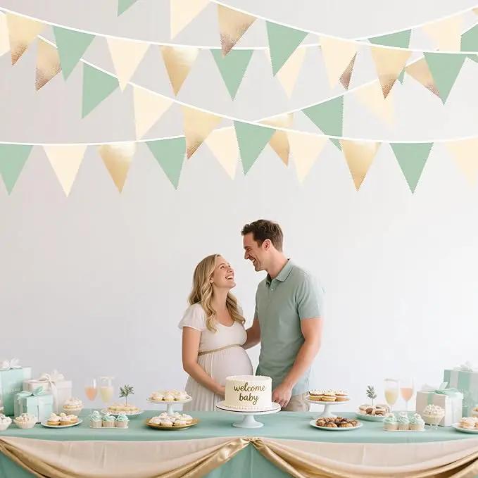 Sage Green Beige Champagne Gold Party Decorations Metallic Fabric Triangle Pennant Banner Bunting Flag Garland for Baby Shower Birthday Wedding Engagement Bridal Shower Graduation Decoration Supplies by GreenHaven Gardens