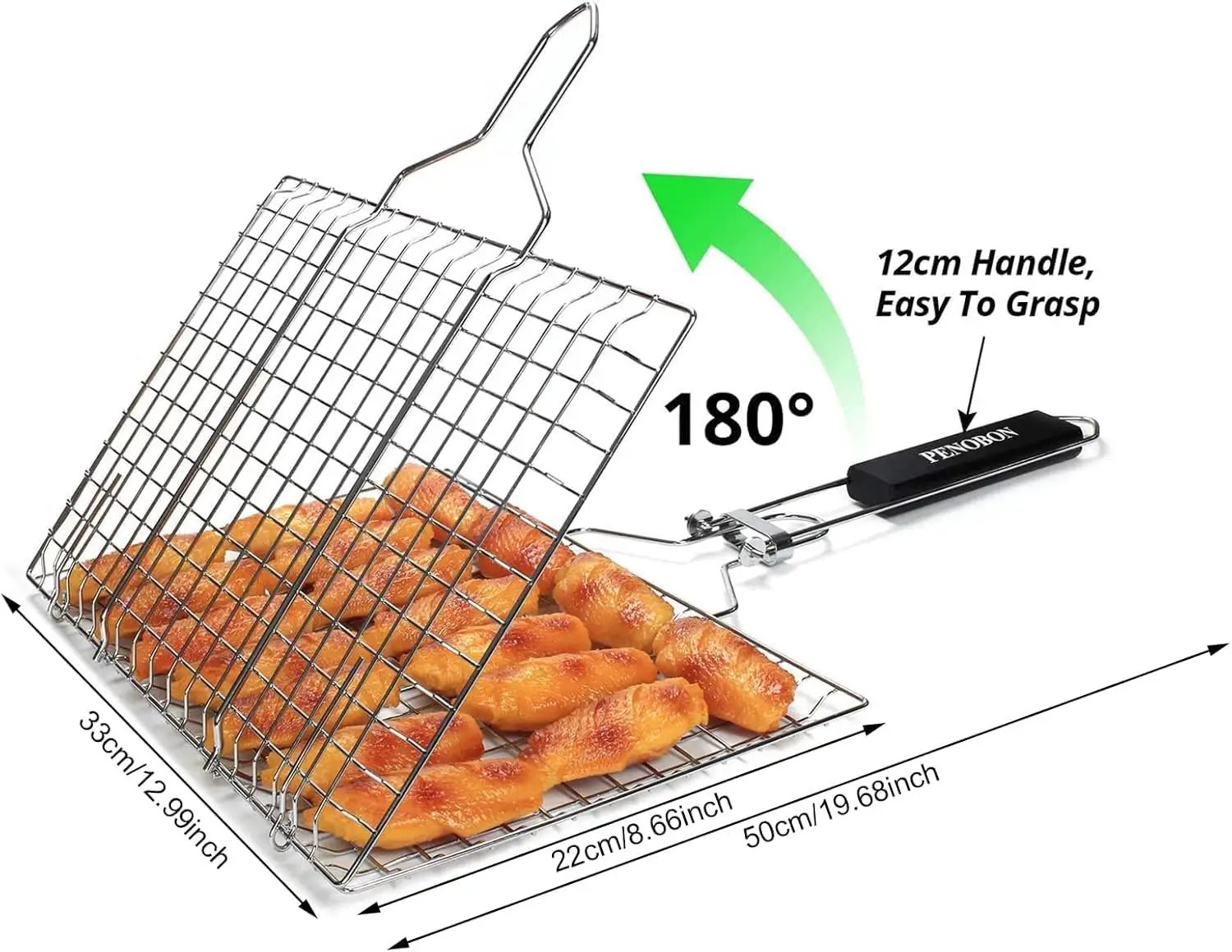 Fish Grilling Basket, Folding Portable Stainless Steel BBQ Grill Basket for Fish Vegetables Shrimp with Removable Handle, Come with Basting Brush and Storage Bag by GreenHaven Gardens