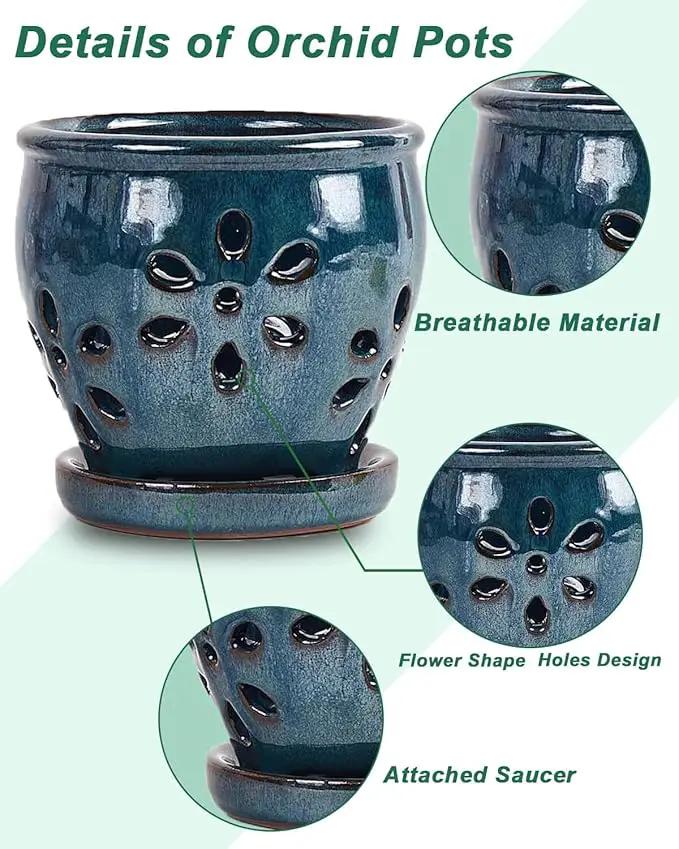 vensovo 5 Inch Ceramic Orchid Pots with Holes and Saucers - 1 Pcs Small Succulent Pot for Repotting, Garden Flowerpots for Plants Indoor and Outdoor Promotes Air Circulation, Blue by GreenHaven Gardens