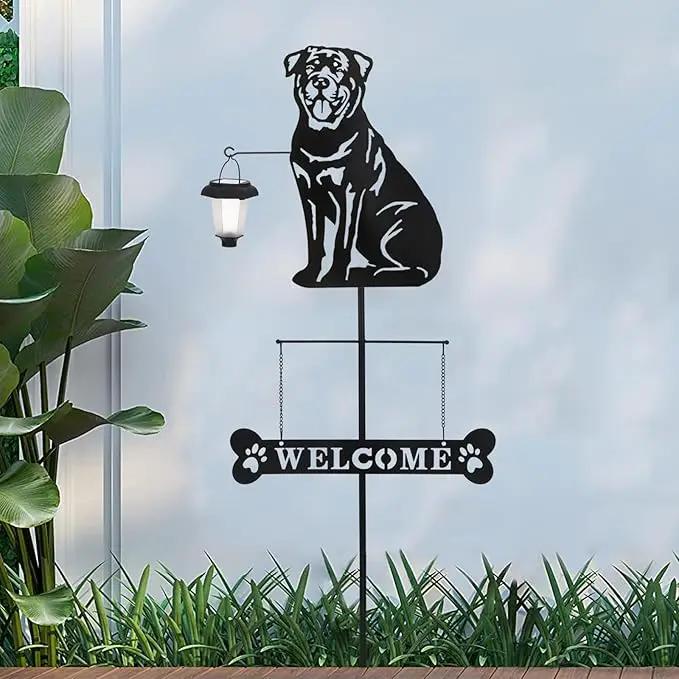 BAYN Solar Rottweiler Silhouette Dog Breed Welcome Sign with a Lantern Outdoor Decorative Garden Stakes for Yard, Lawn, Patio, Pathway by GreenHaven Gardens