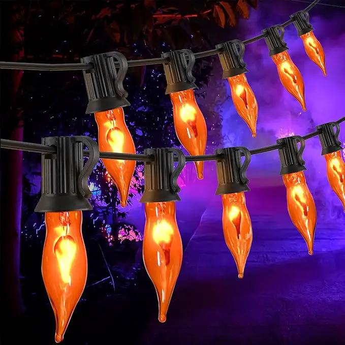27.8Ft Flickering Flame String Lights Orange Halloween Lights with 25 Pack C7 Orange Flame Light Bulbs, Orange Flame String Lights for Halloween Decorations for Home Party Yard (2 Spare Bulbs) by GreenHaven Gardens