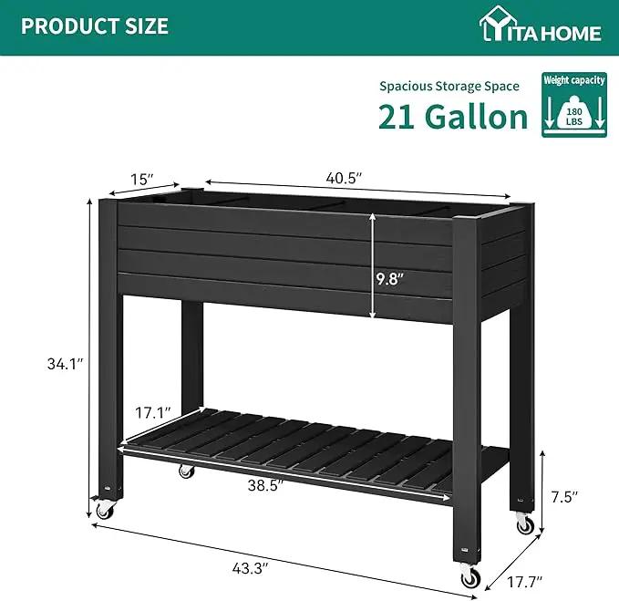 YITAHOME 43.3x17.7x34 in Elevated Garden Bed, Outdoor Plastic Planter Box with Wheels, Legs, Drain Plug, and Storage Shelf for Plants, Vegetables, Flowers, Herbs, Black by GreenHaven Gardens