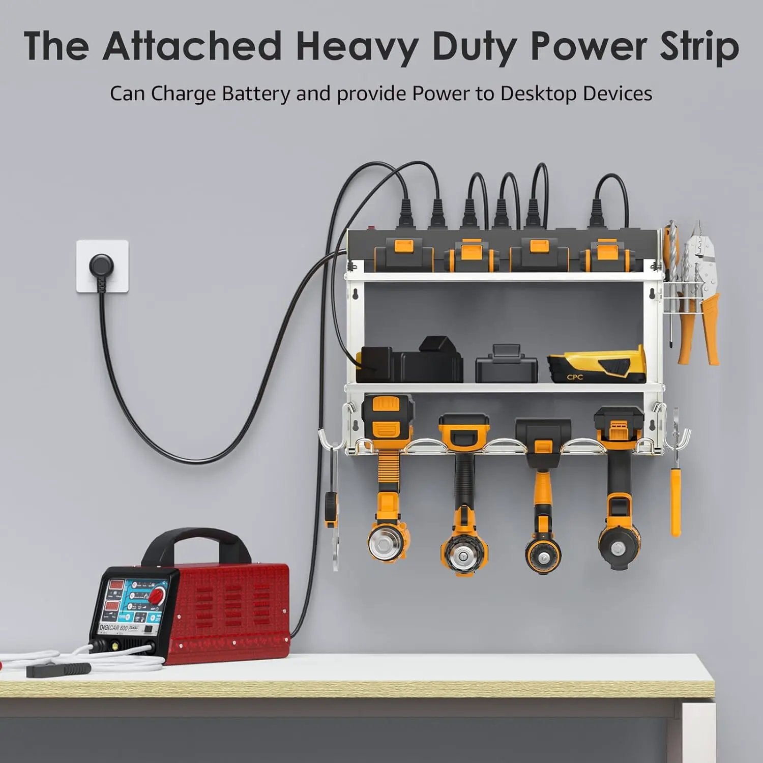 CCCEI Modular Power Tool Organizer Wall Mount with Charging Station. Garage 4 Drill Storage Shelf with Hooks, Drill Bit Heavy Duty Rack, Silver Tool Battery Holder Built in 8 Outlet Power Strip. by GreenHaven Gardens