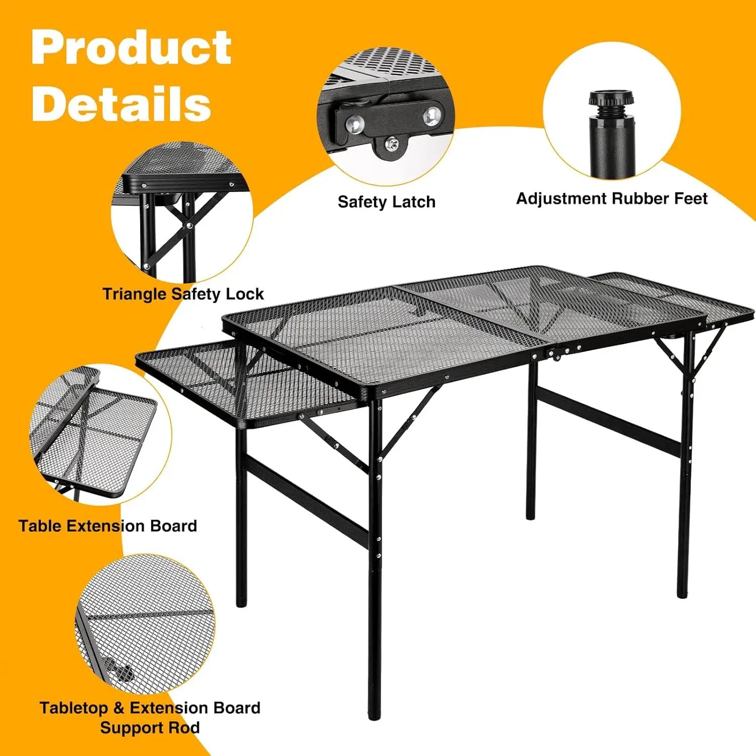 Grill Table 3FT+1.4 FT Folding Table with 2 Wing Panels with Mesh Desktop 2 Height Adjustable Portable Grill for Outdoor Indoor Beach BBQ Picnic Travel RV Black by GreenHaven Gardens