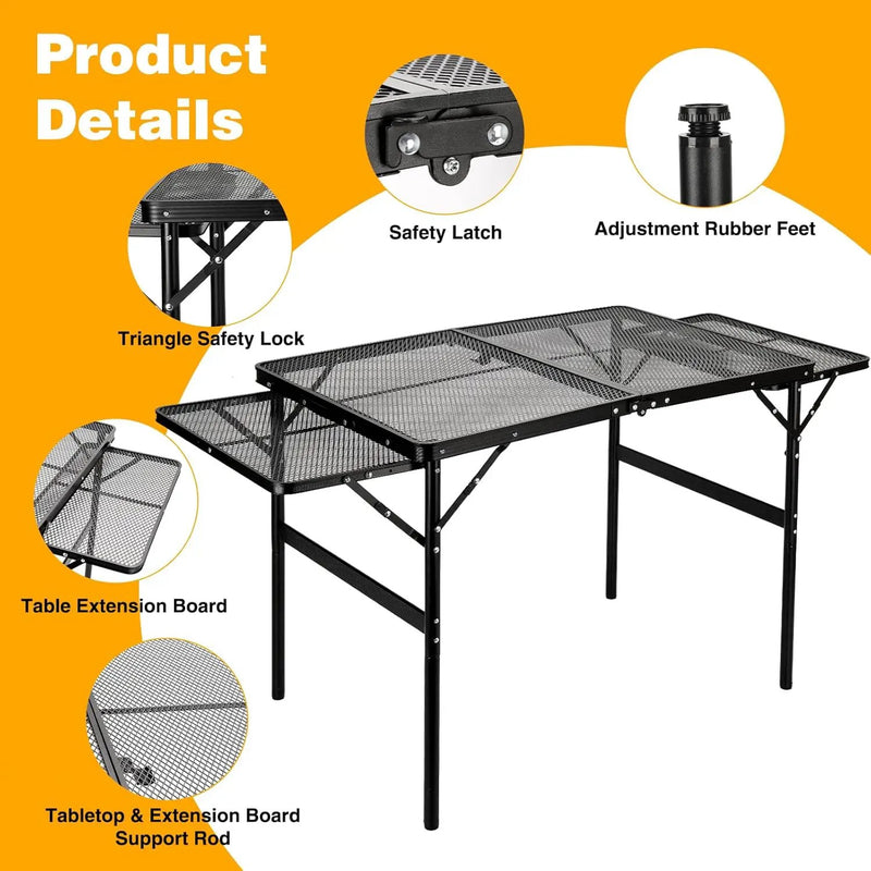 Grill Table Folding Table with 2 Wing Panels 3FT+1.4 FT with with 1×2/5 L Storage Bag Mesh Desktop 2 Height Adjustable Portable Grill for Outdoor Indoor Beach BBQ Picnic Travel RV Black by GreenHaven Gardens