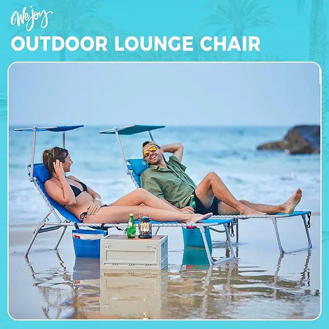 #WEJOY Folding Tanning Chair with Canopy Shade, Portable Adjustable 5-Position Patio Chaise Lounge with Pillow & Storage Pocket for Lay Flat Outdoor Lawn Backyard Beach Camping Pool (Cyan) by GreenHaven Gardens