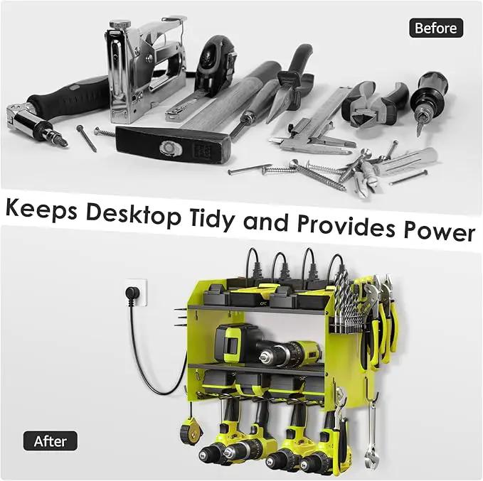 CCCEI Set Power Tool Organizer Wall Mount with Charging Station. Garage 4 Drill Storage Shelf with Hooks, Heavy Duty Metal Tool Battery Charger Organizer. Shop Utility Rack with Power Strip Green. by GreenHaven Gardens