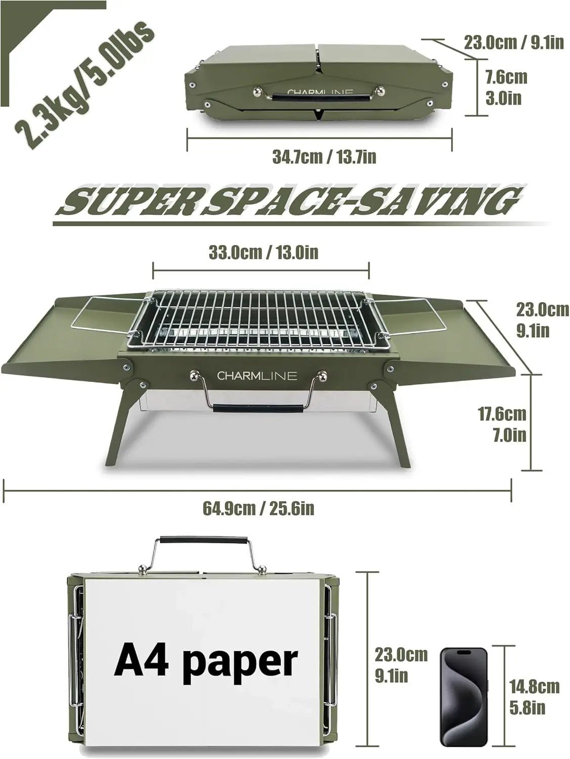 Charmline 14x9inch Small Foldable Portable Charcoal Grill, Compact Portable Grill for Outdoor, Charcoal Grills for Camping, Picnics, Gardens and Beach Parties, Liftable Grilling Net, Green by GreenHaven Gardens
