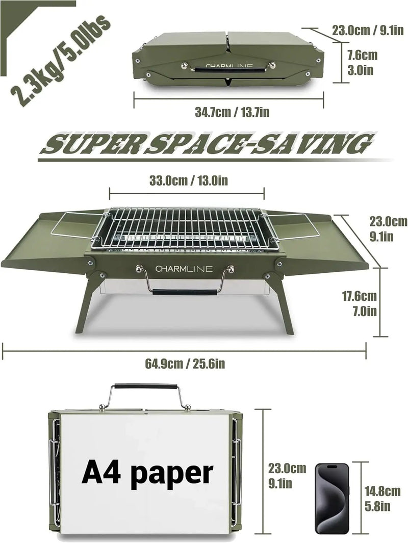 Charmline 14x9inch Small Foldable Portable Charcoal Grill, Compact Portable Grill for Outdoor, Charcoal Grills for Camping, Picnics, Gardens and Beach Parties, Liftable Grilling Net, Green by GreenHaven Gardens