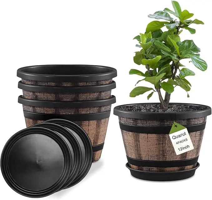 Quarut Plant Pots Set of 4 Pack 12 inch,Large Whiskey Barrel Planters with Drainage Holes & Saucer.Plastic Flower Pots Imitation Wine Barrel Design, for Indoor & Outdoor Garden Home Plants (Brown) by GreenHaven Gardens