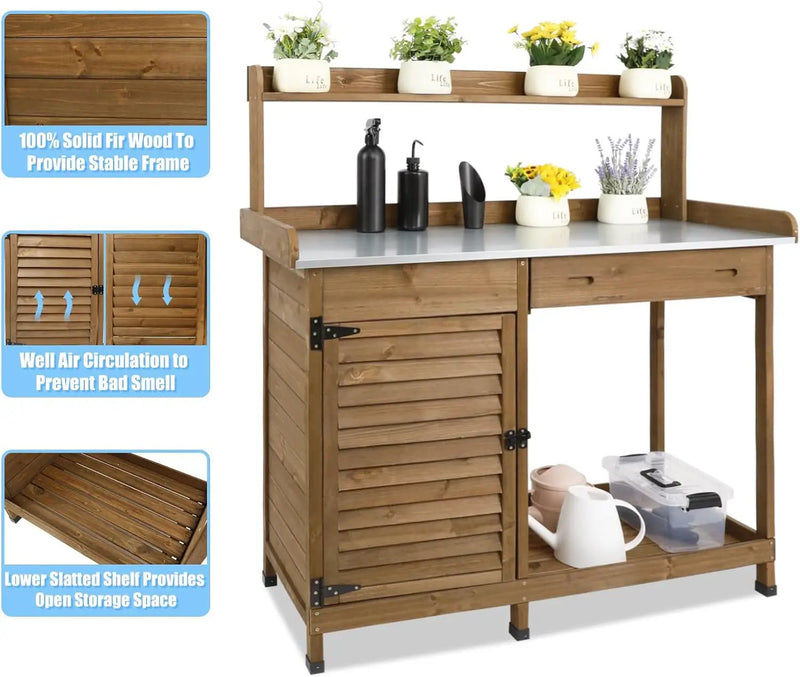 Outdoor Garden Potting Bench Table, 41" L Wooden Potting Table Work Bench for Horticulture, Waterproof Workstation Table with Metal Tabletop/Cabinet/Drawer/Open Shelf (Brown) by GreenHaven Gardens