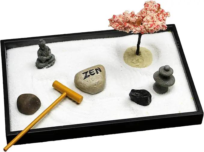 Nature's Mark Mini Zen Garden Kit for Desk with Rake, White Sand, Buddha, Lantern, Black Rectangle Base, River Rocks and Mini Blossom Tree (8Lx5W C) by GreenHaven Gardens