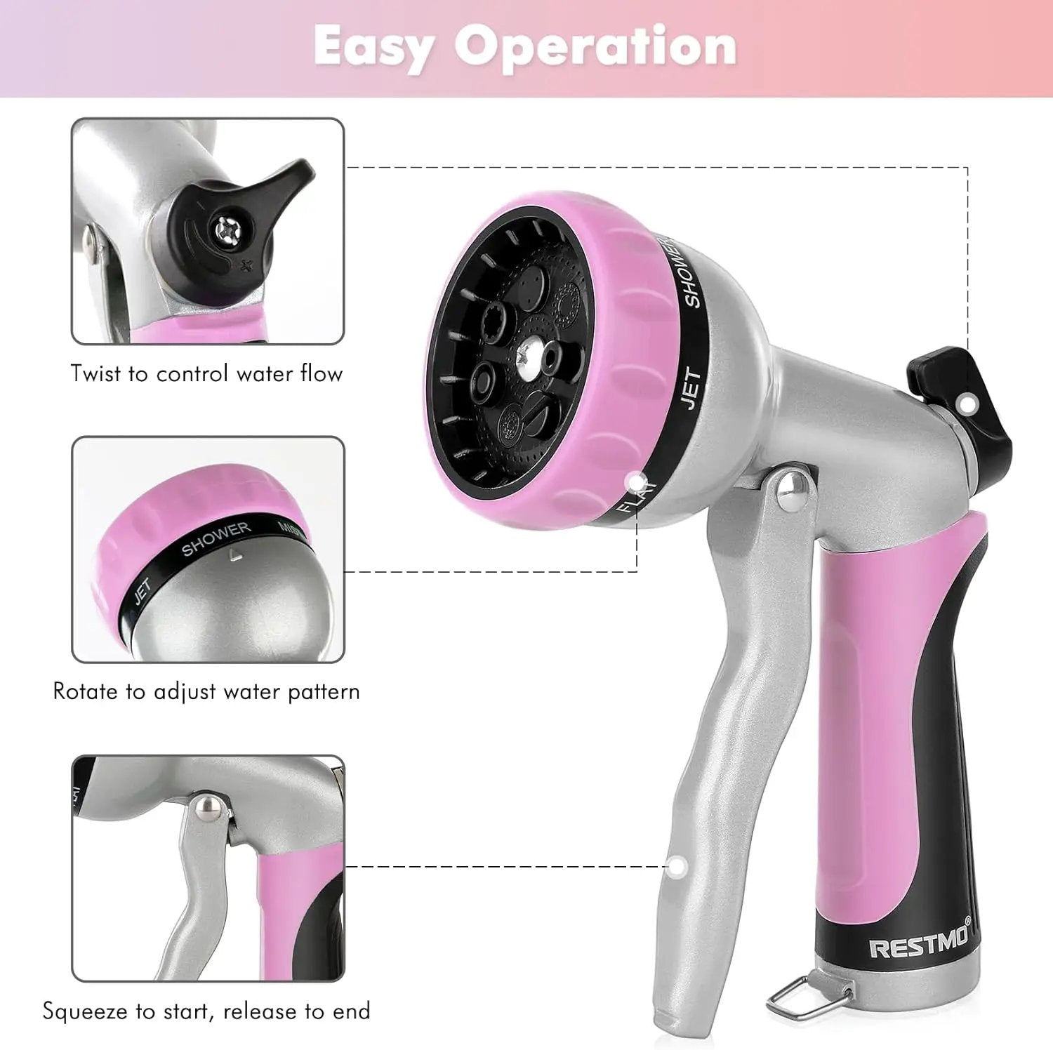 RESTMO Garden Hose Nozzle, Heavy Duty Metal Water Hose Nozzle with 7 Adjustable Spray Patterns, High Pressure Hand Sprayer with Flow Control, Best for Watering Plant & Lawn, Washing Car & Pet, Pink by GreenHaven Gardens