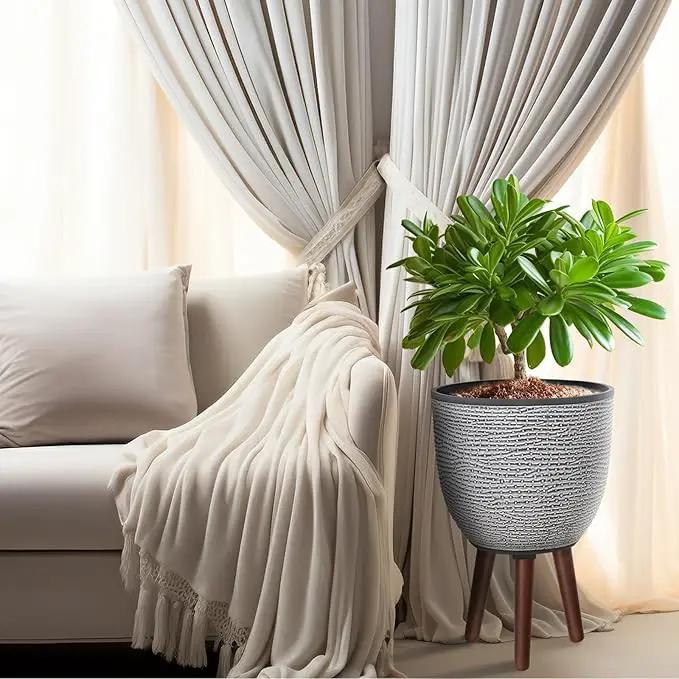 12 Inches Plant Pot with Stand, Large Decorative Standing Planters with Drainage Holes for Indoor Plants, Modern Gray Flower Pots with Legs by GreenHaven Gardens